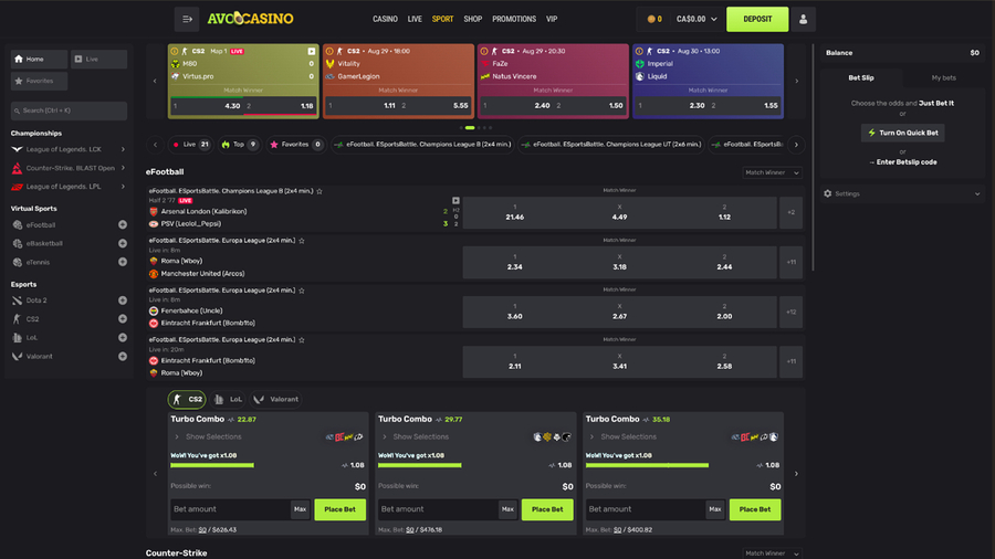 Avocasino Desktop Sports