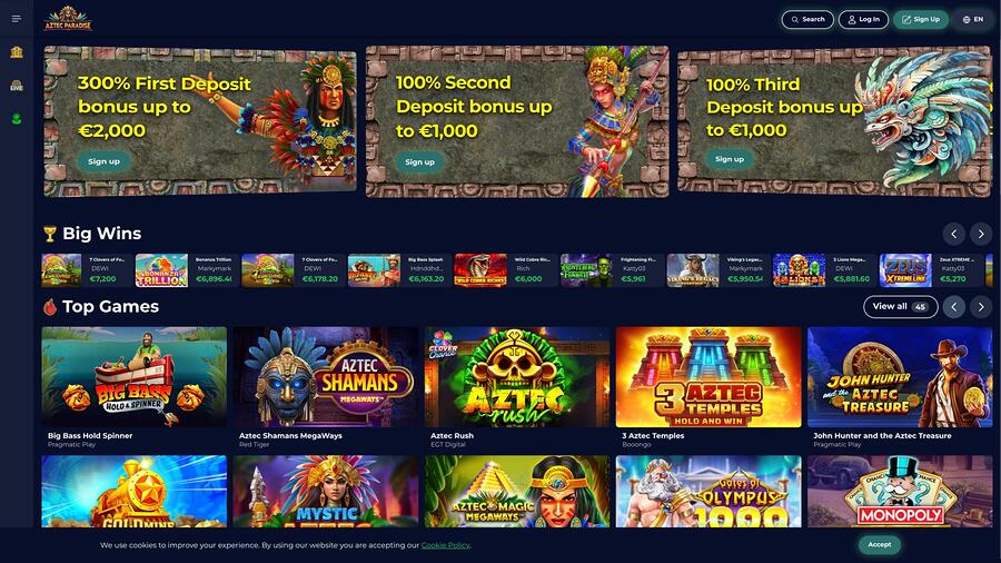 Aztec Paradise Casino homepage