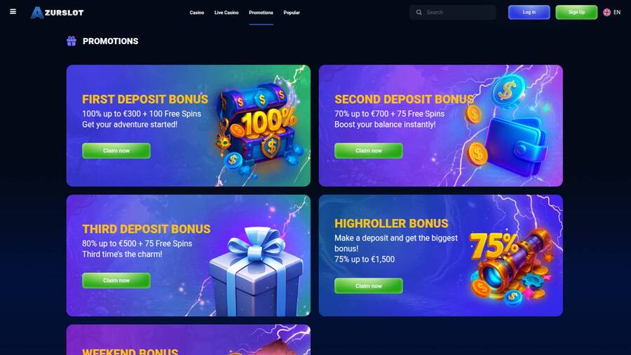 Promotions page screenshot of AzurSlot Casino