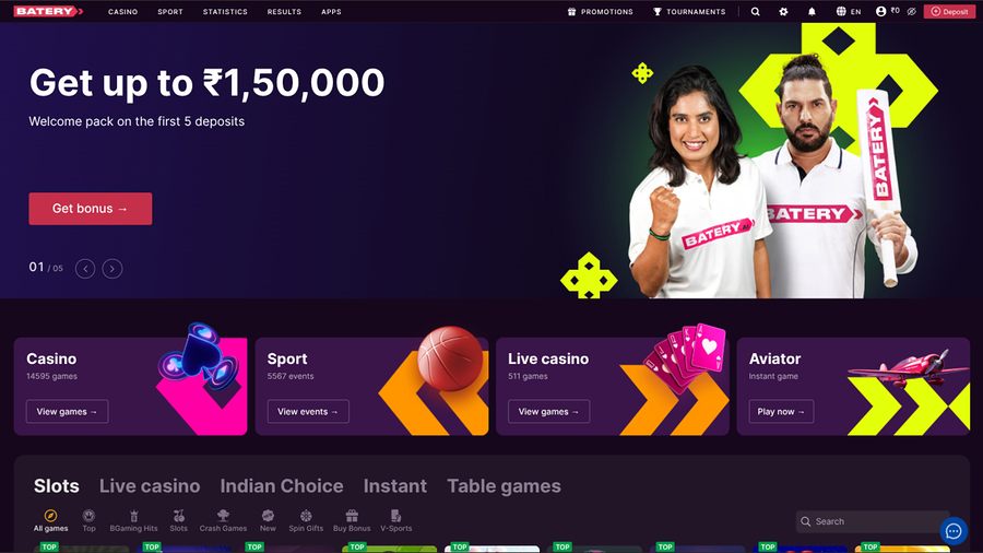 BateryBet Casino Desktop Homepage