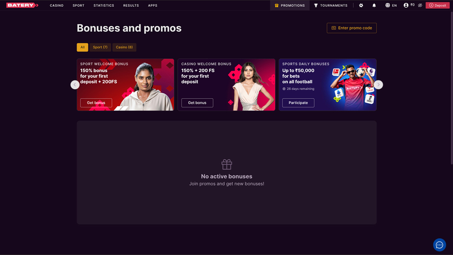 BateryBet Casino Desktop Promotions