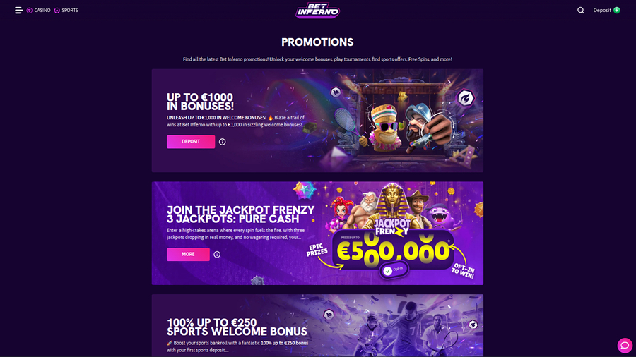 Bet Inferno Casino Desktop Promotions