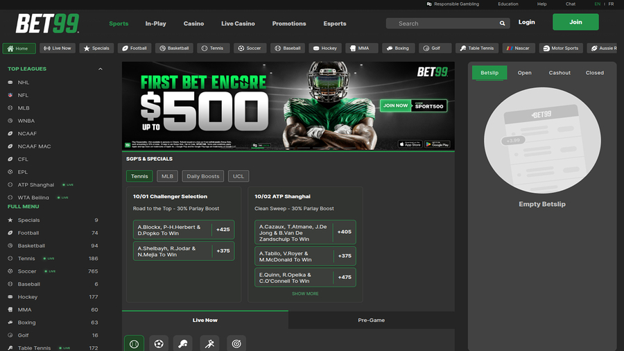 Bet99 Casino Desktop Homepage