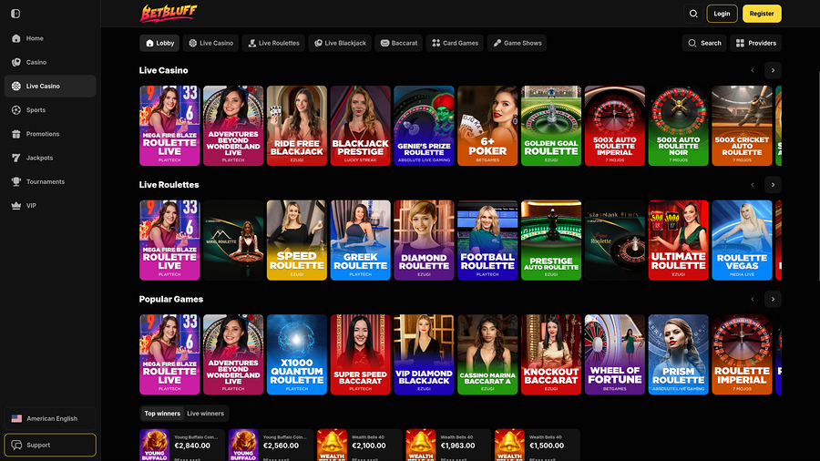 Casino BetBluff con crupier en vivo para escritorio