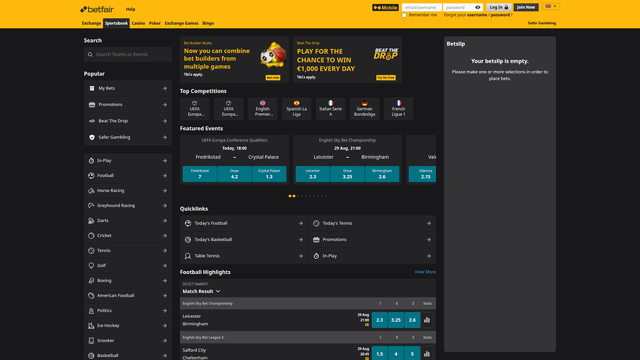 Betfair Casino Desktop Sports