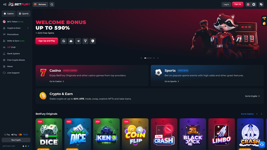 Página de inicio de escritorio de BetFury Casino