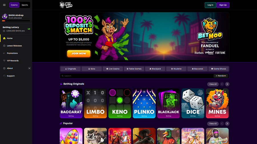 BetHog Casino Desktop Homepage