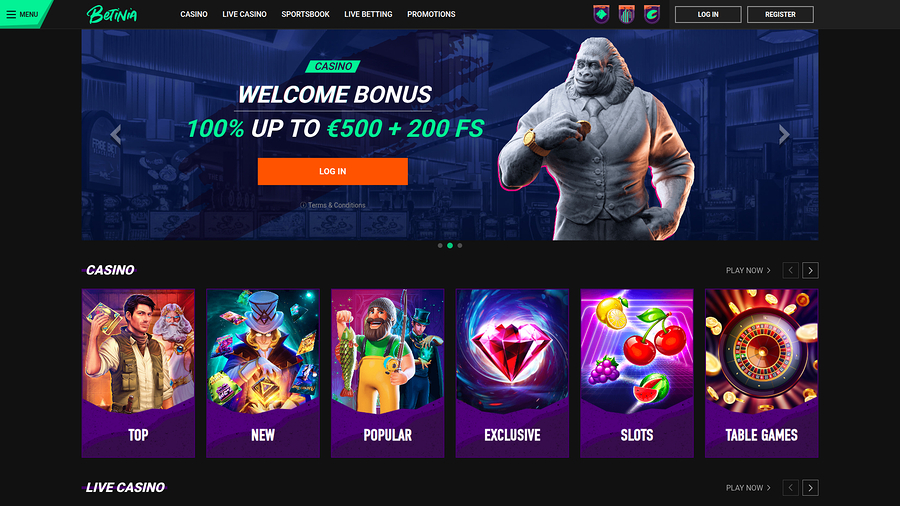 Betinia Casino skrivbordsstartsida