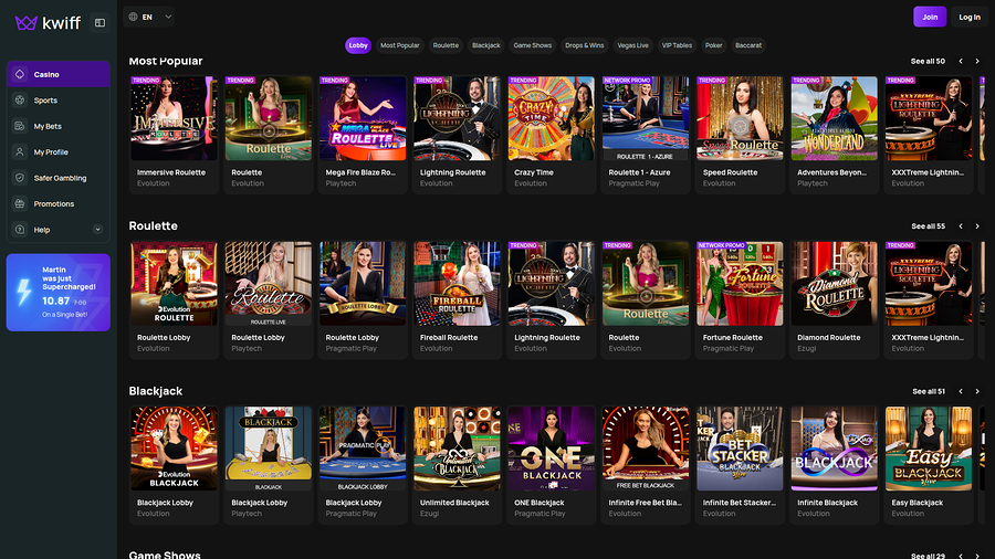 BetKwiff Casino Desktop Live Dealer