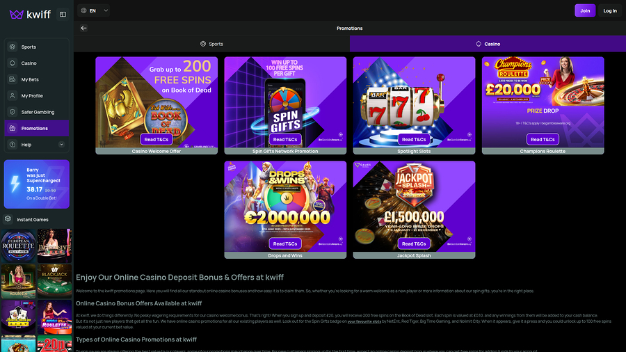 BetKwiff Casino Desktop Promotions