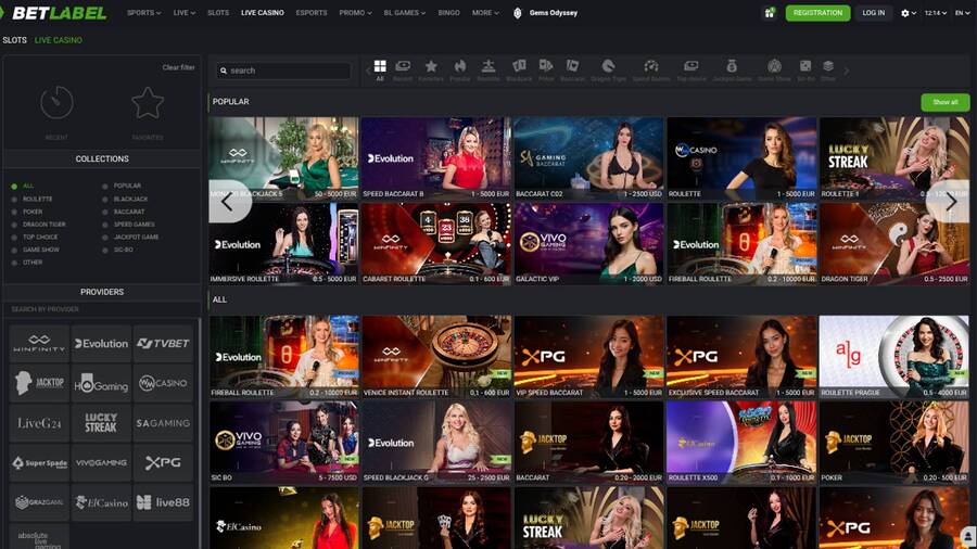 Live page screenshot of Betlabel Casino