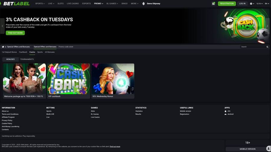 Promotions page screenshot of Betlabel Casino