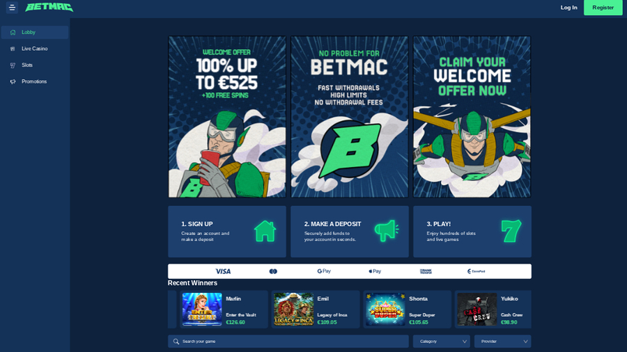 Betmac Casino Homepage Desktop