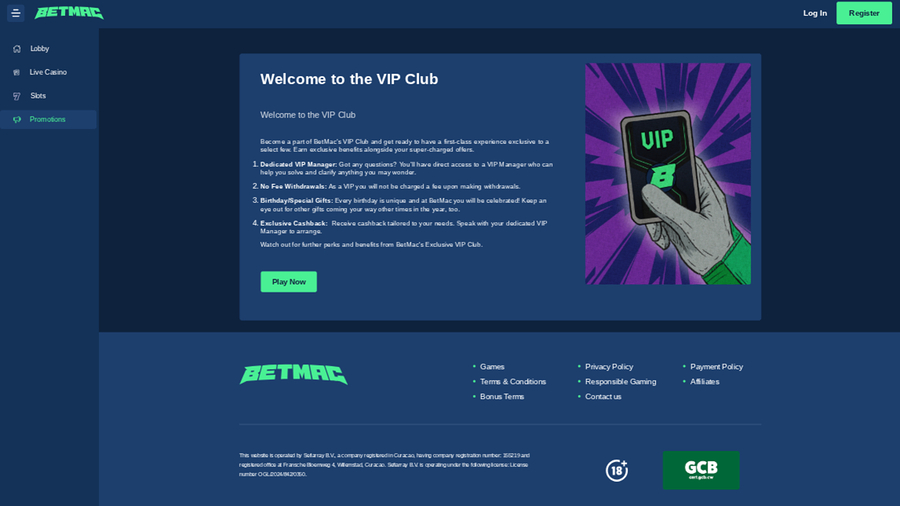 Betmac Casino VIP Desktop