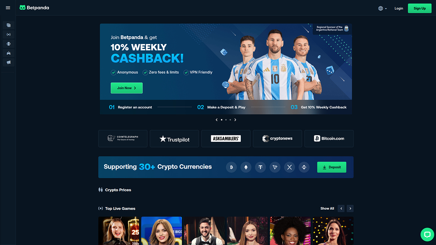 Página de inicio de escritorio de BetPanda Casino