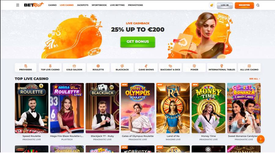 Captura de pantalla de la página en directo del casino BetRiot