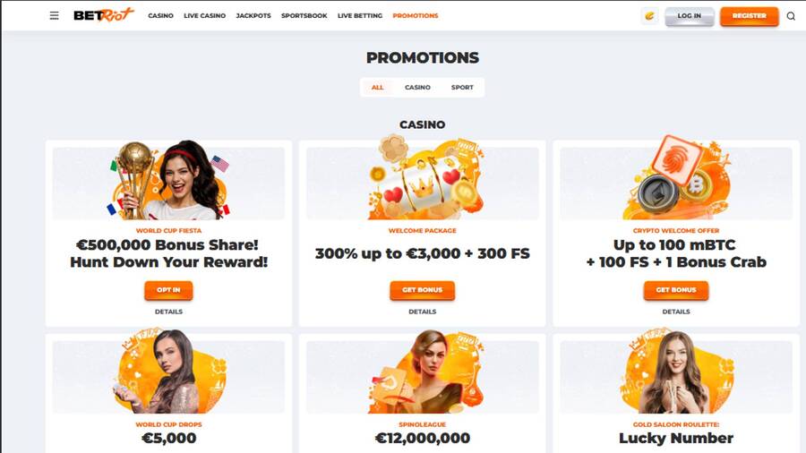 Captura de pantalla de la página de promociones del casino BetRiot