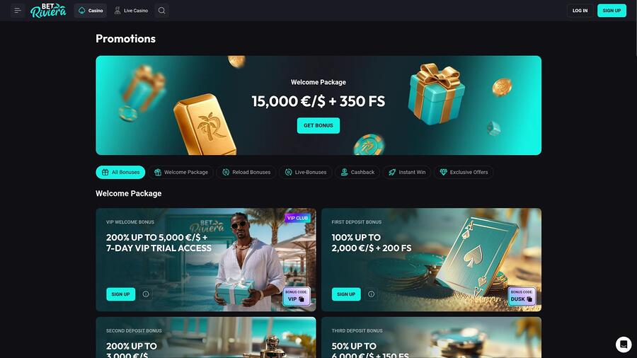Página de promociones del casino BetRiviera