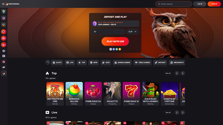 Betsomnia Desktop Homepage