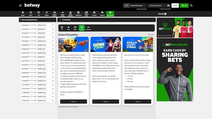 Promociones de escritorio de Betway Casino