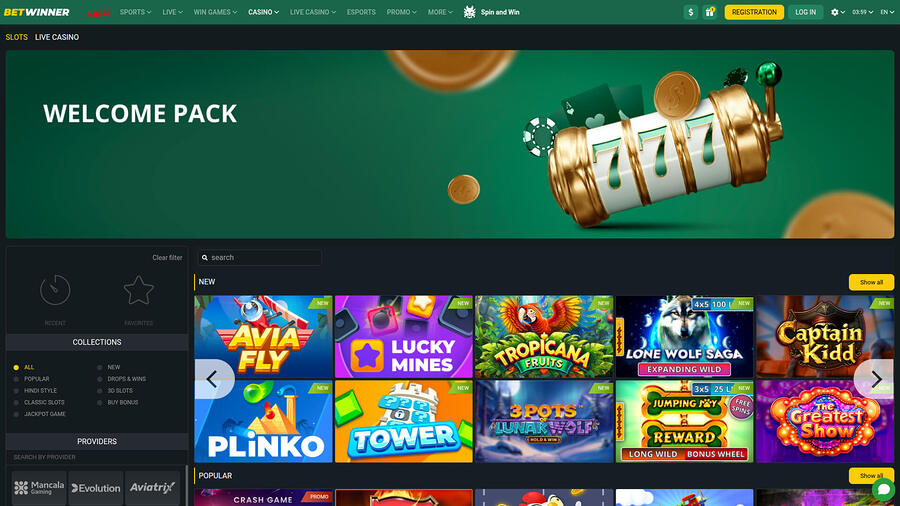 Página de inicio de escritorio de BetWinner Casino