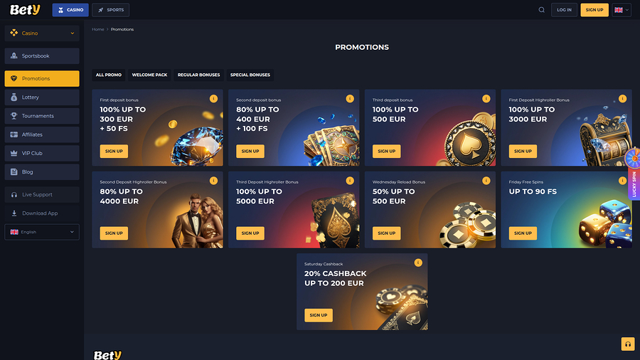 Bety Casino Desktop Promotions