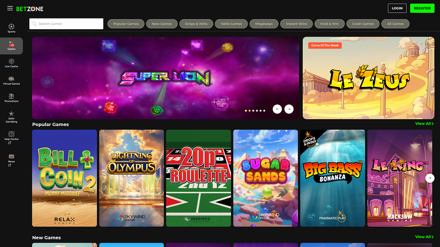Betzone Casino Desktop Homepage