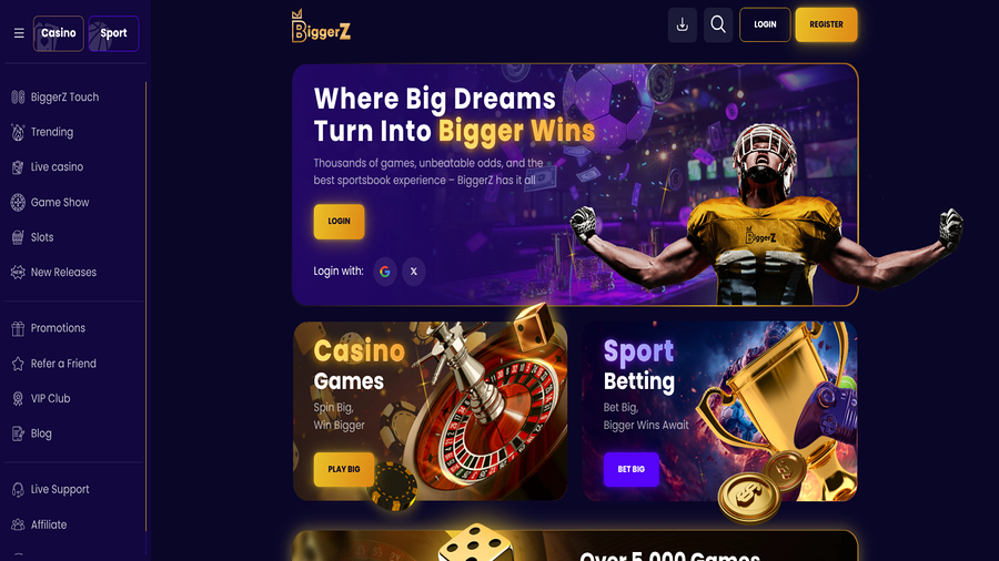 Homepage screenshot of Biggerz Casino for Desktop