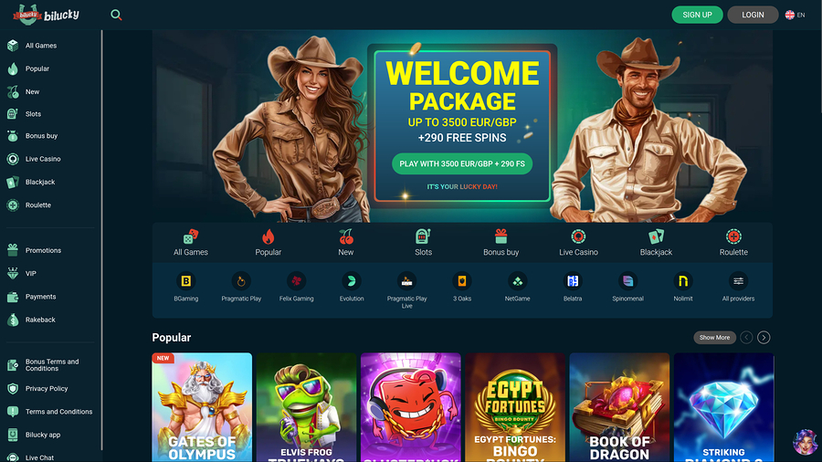 Bilucky Casino Desktop Homepage