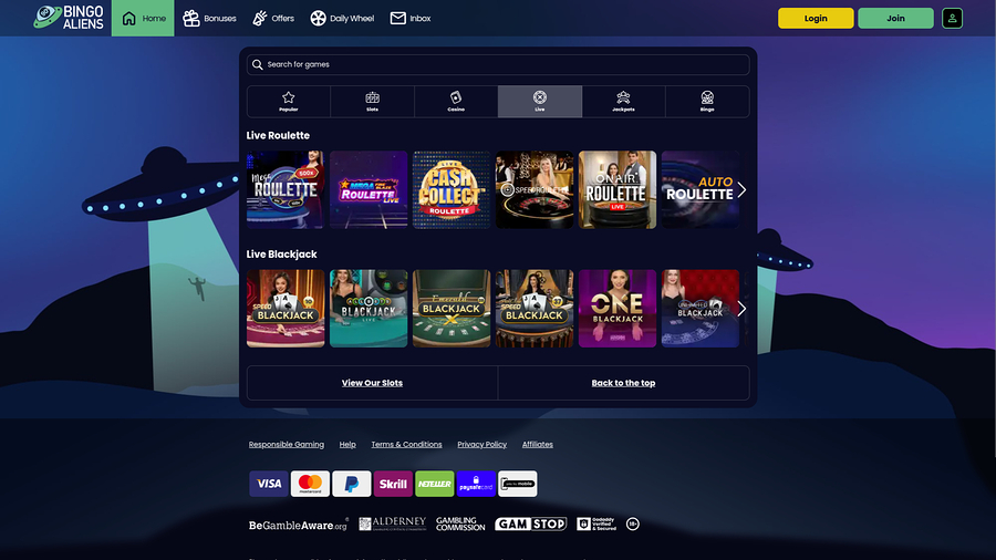 Bingo Aliens Casino Desktop Live Dealer