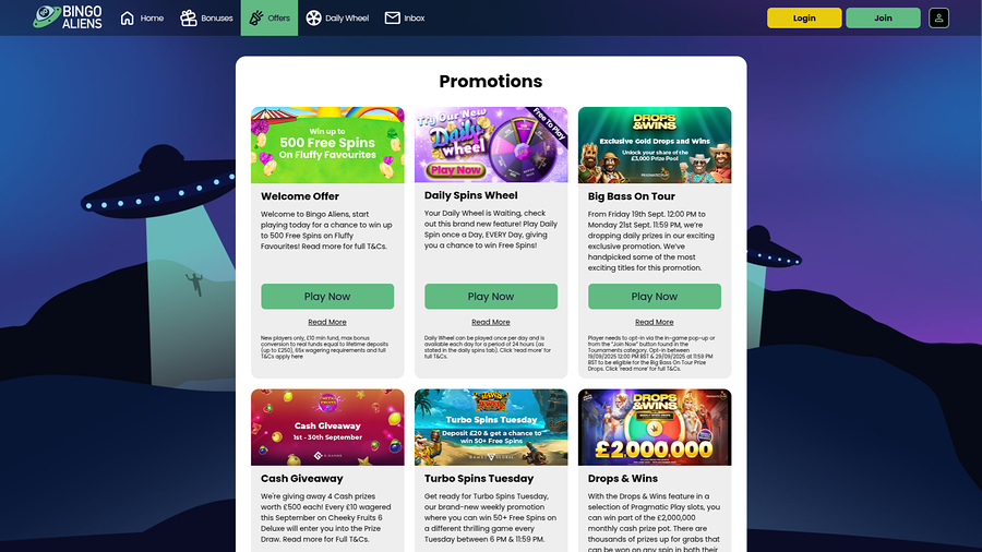 Bingo Aliens Casino Desktop Promotions