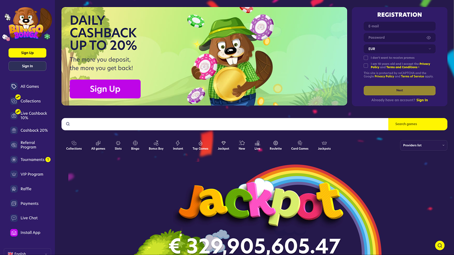 BingoBonga Casino Desktop Homepage