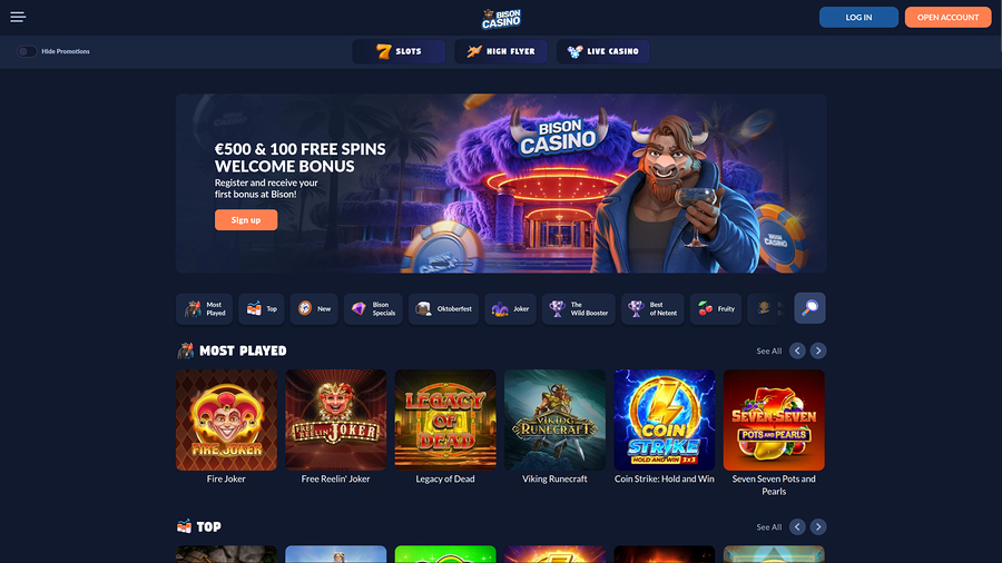 Bison Casino Desktop Homepage