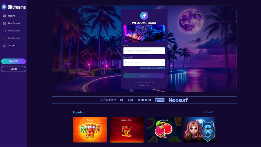 Bitdreams Casino Desktop Homepage