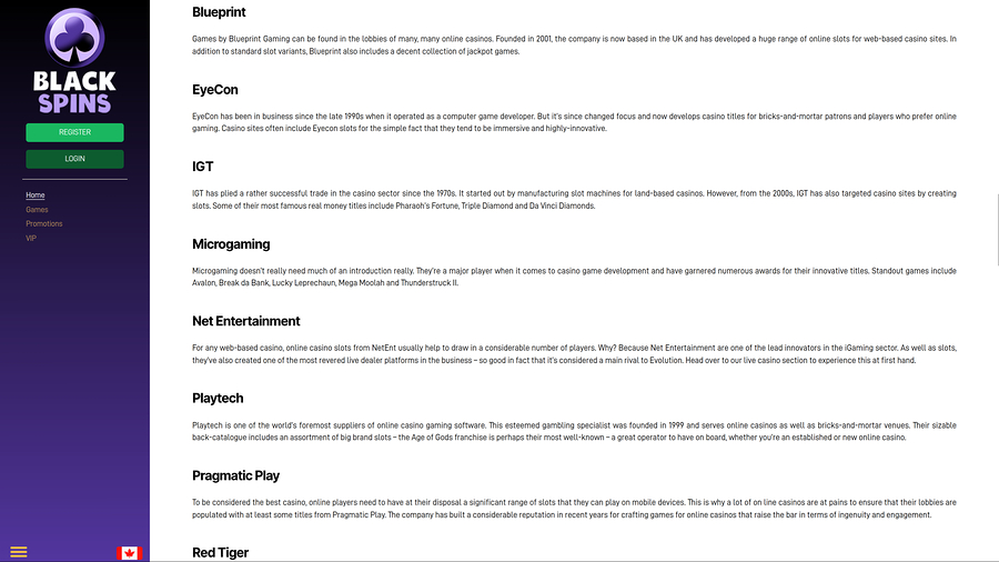 Black Spins Casino Desktop Game Developers