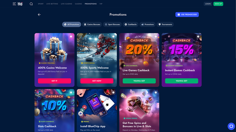 BlueChip Casino Desktop Promotions