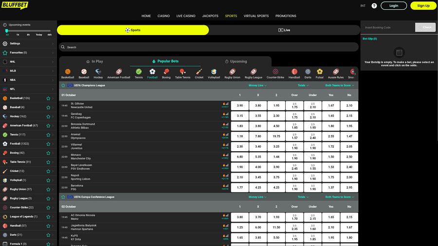 BluffBet Casino Desktop Sports