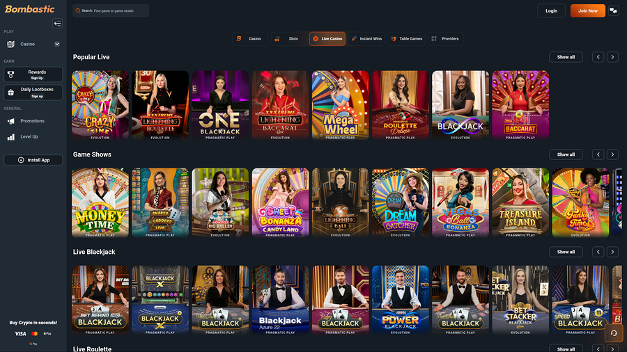 Bombastic Casino Desktop Live Dealer