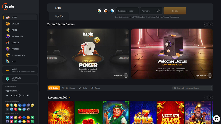 Página de inicio de escritorio de Bspin.io Casino