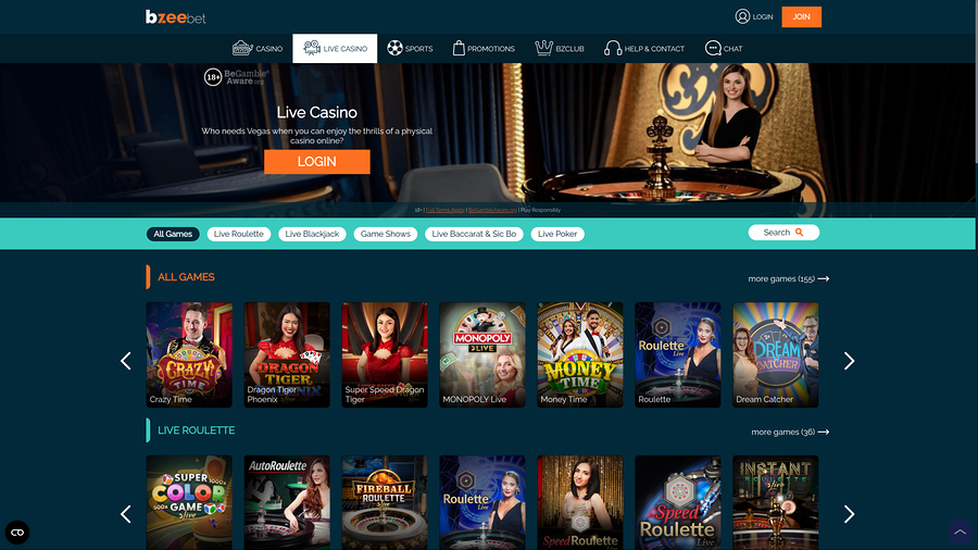 Bzeebet Casino Desktop Live Dealer