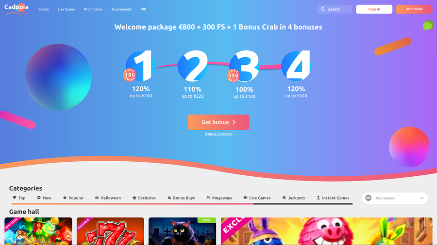 Cadoola Casino Desktop Homepage