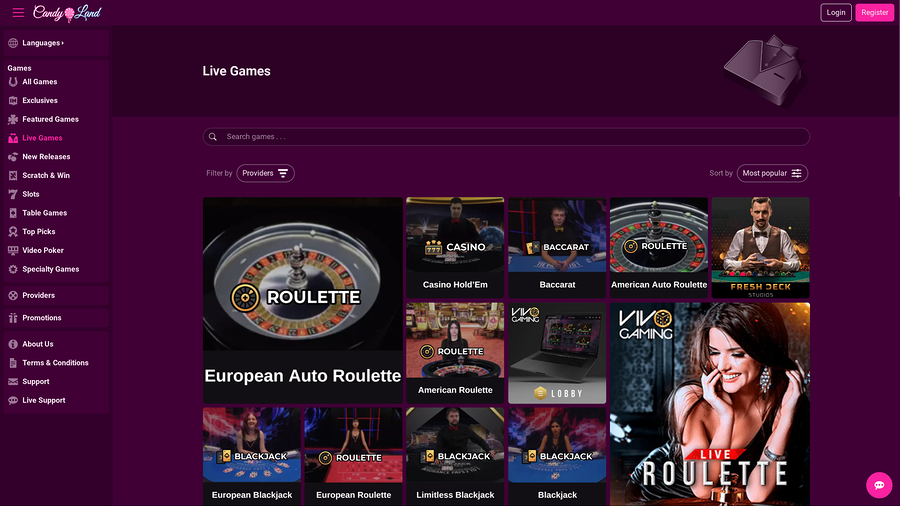 CandyLand Casino Desktop Live Dealer
