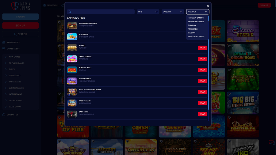 Captain Spins Casino Desktop Game Developers