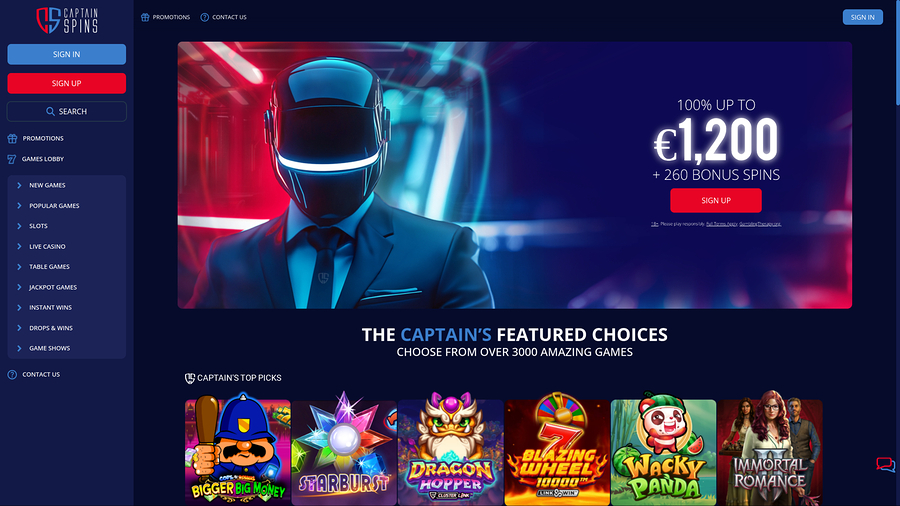 Captain Spins Casino Desktop Homepage