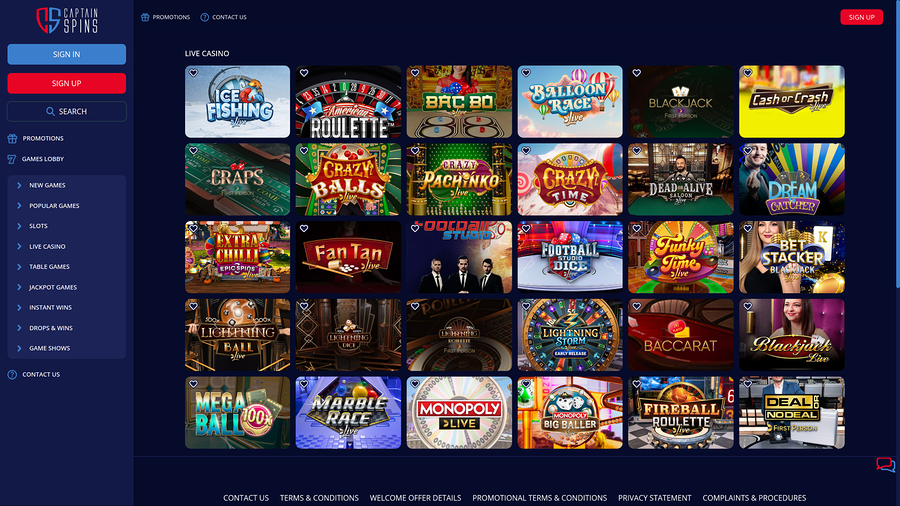 Captain Spins Casino Desktop Live Dealer