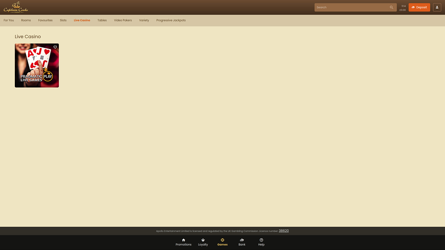 Captain Cooks Casino Desktop Live Dealer