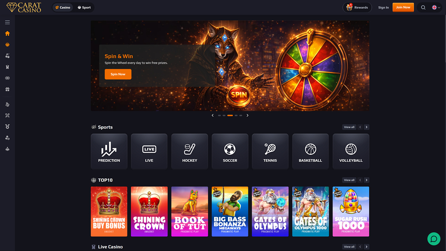Página de inicio de escritorio del casino CaratCasino