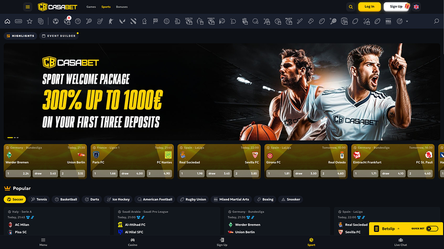 Apuestas deportivas de Casabet Casino para escritorio