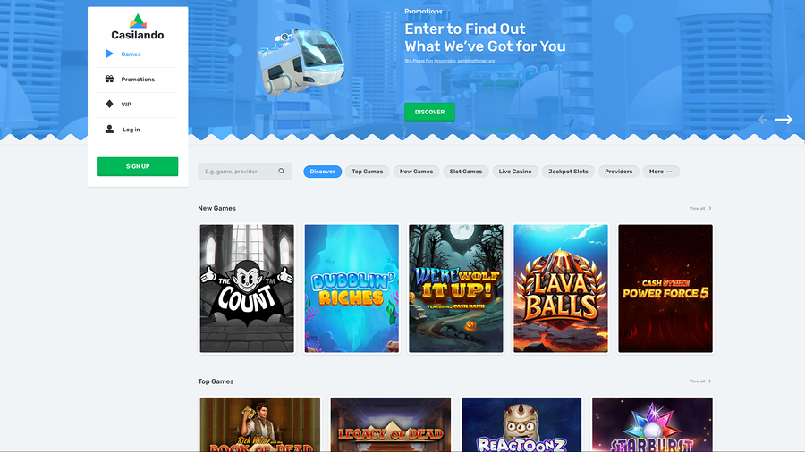 Casilando Casino Desktop Homepage