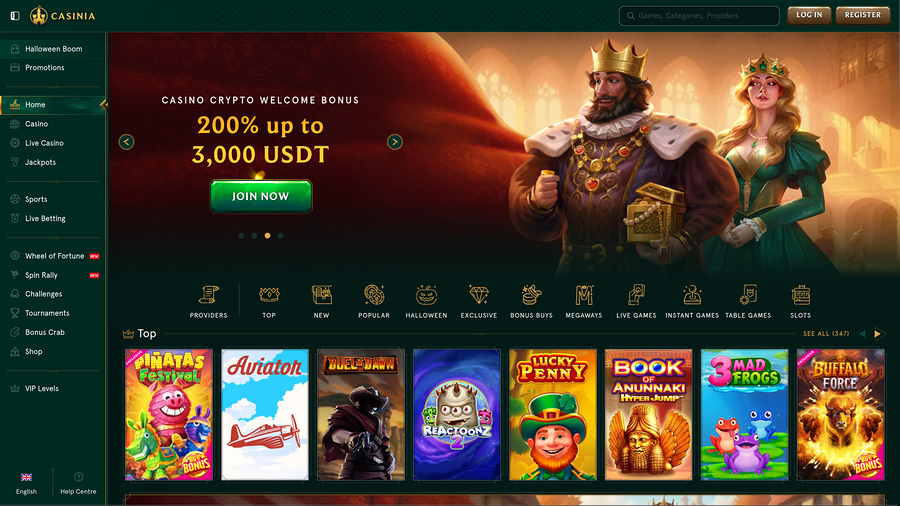 Casinia Casino Desktop Homepage